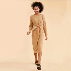Amour Vert Russo Fleece Dress Camel Tie Waist Midi Dress XS